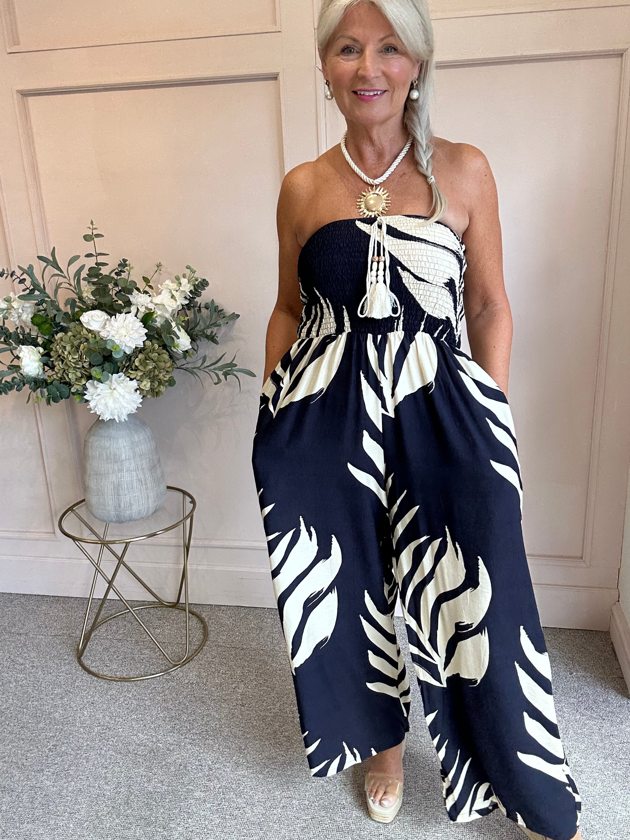 Strapless Leafy Print Jumpsuit - Navy/Cream - Wardrobe By Simone
