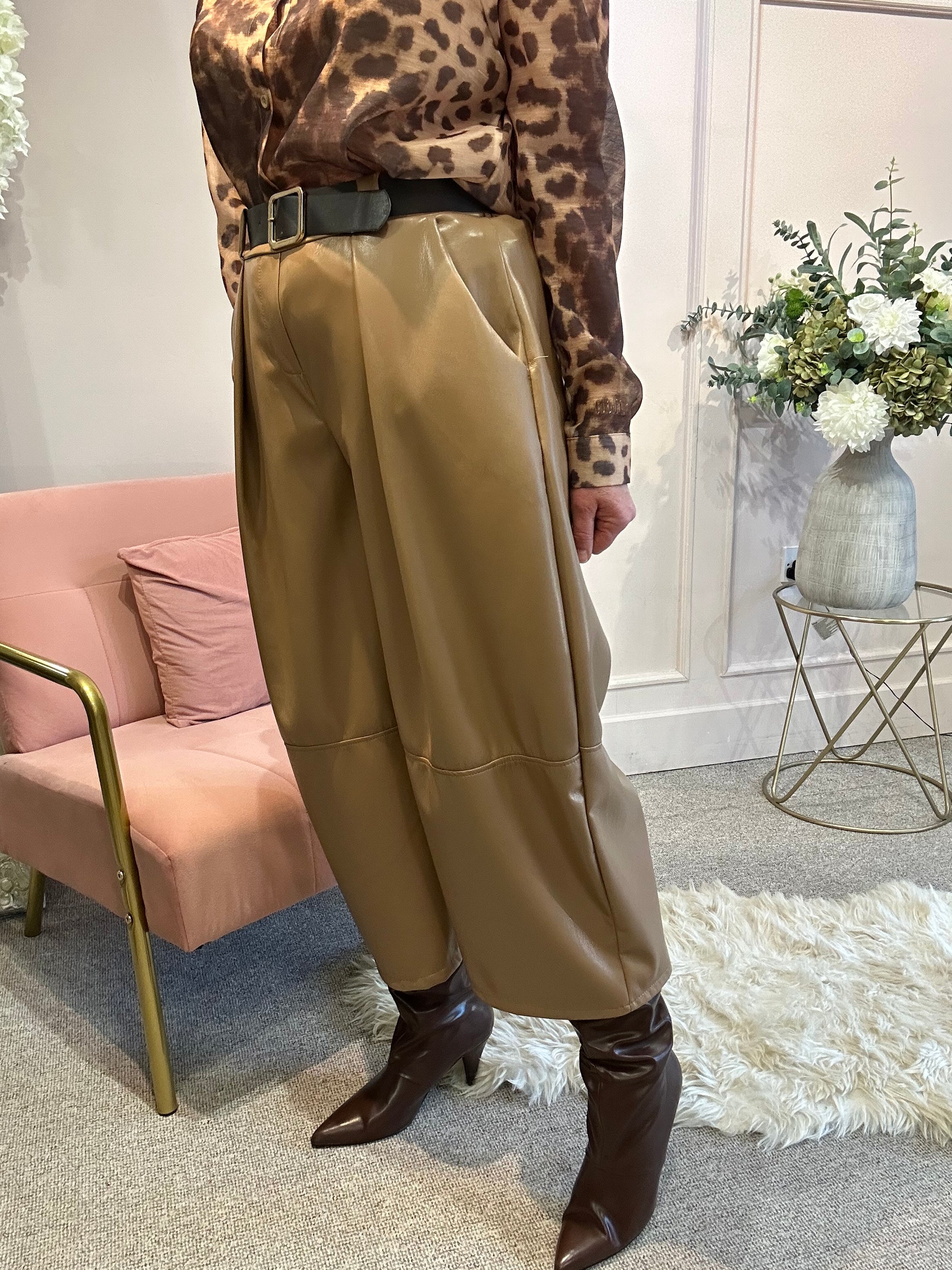 Faux Leather Wide Leg Trouser - Caramel