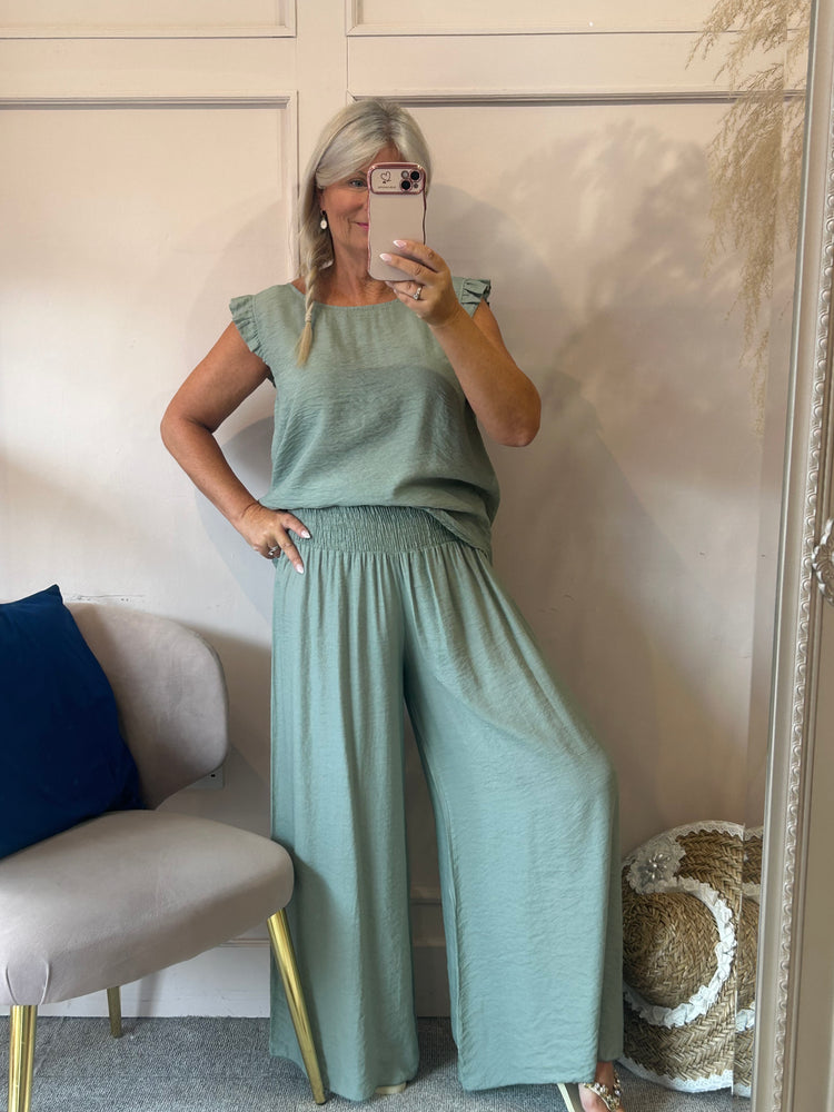 Frill Edged Top & Wide Pant Set - Soft Green