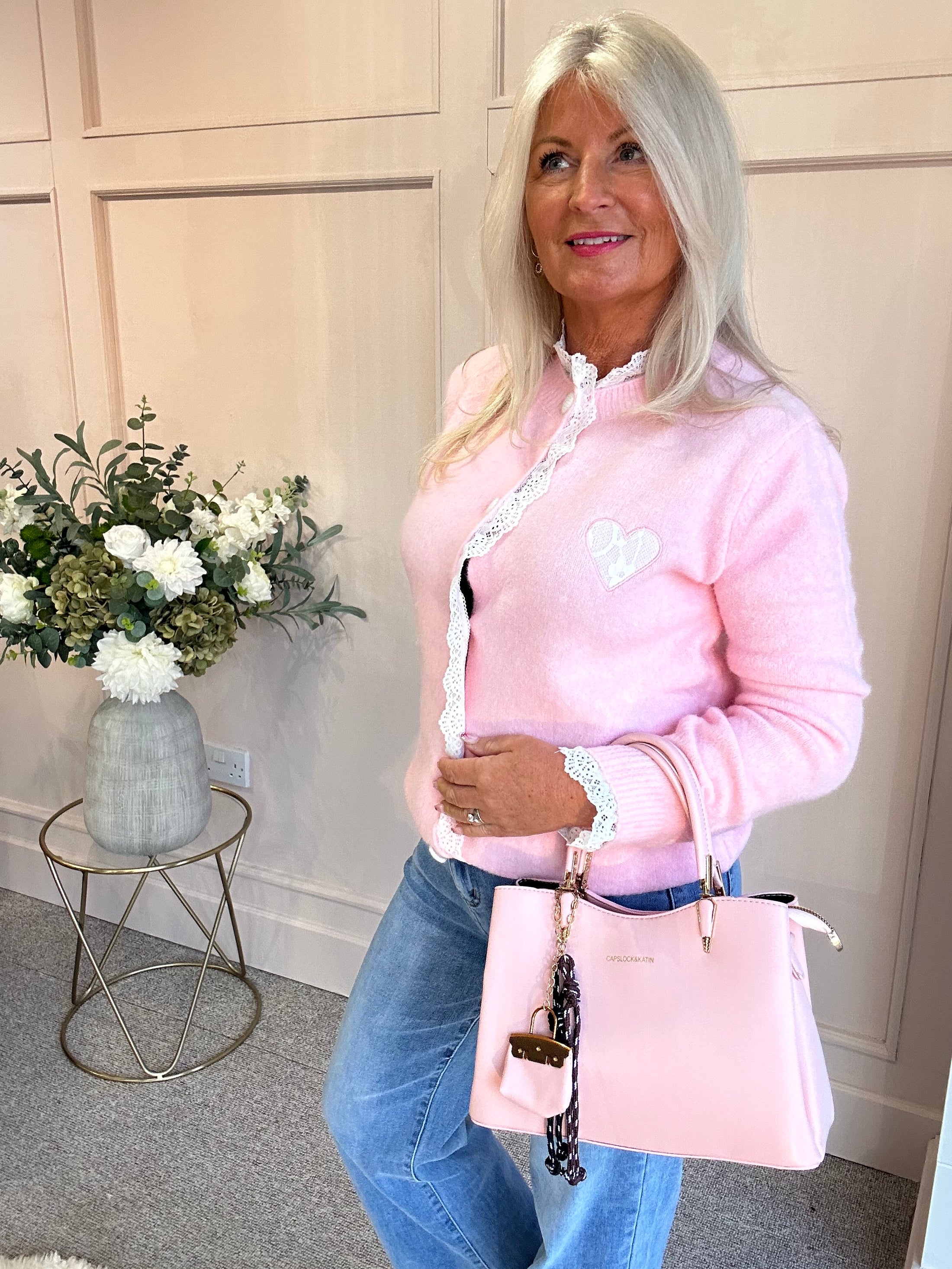 Lace Detail & Heart Cardigan - Soft Pink