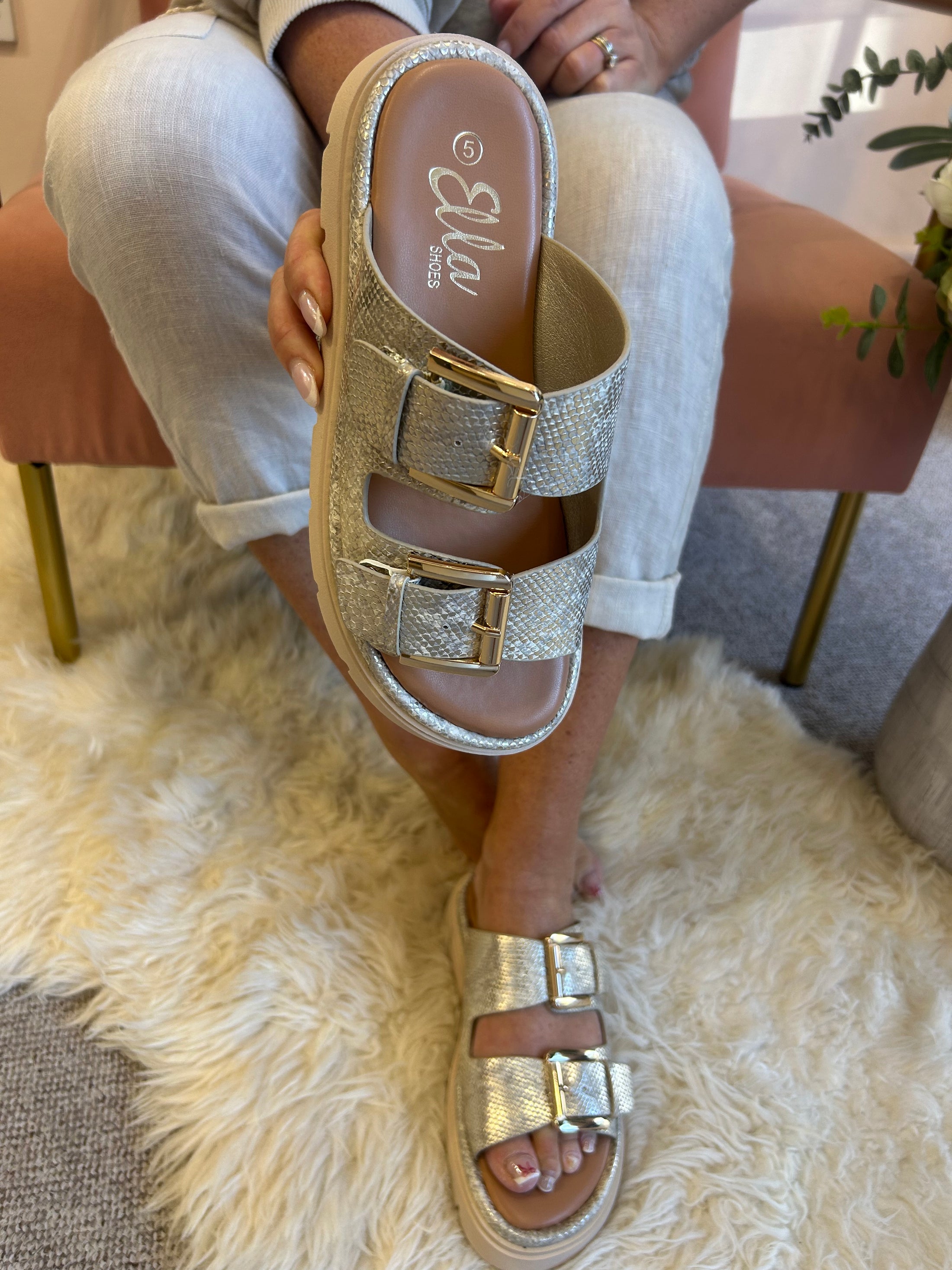 Darcy Gold Buckle Slider Sandal - Gold