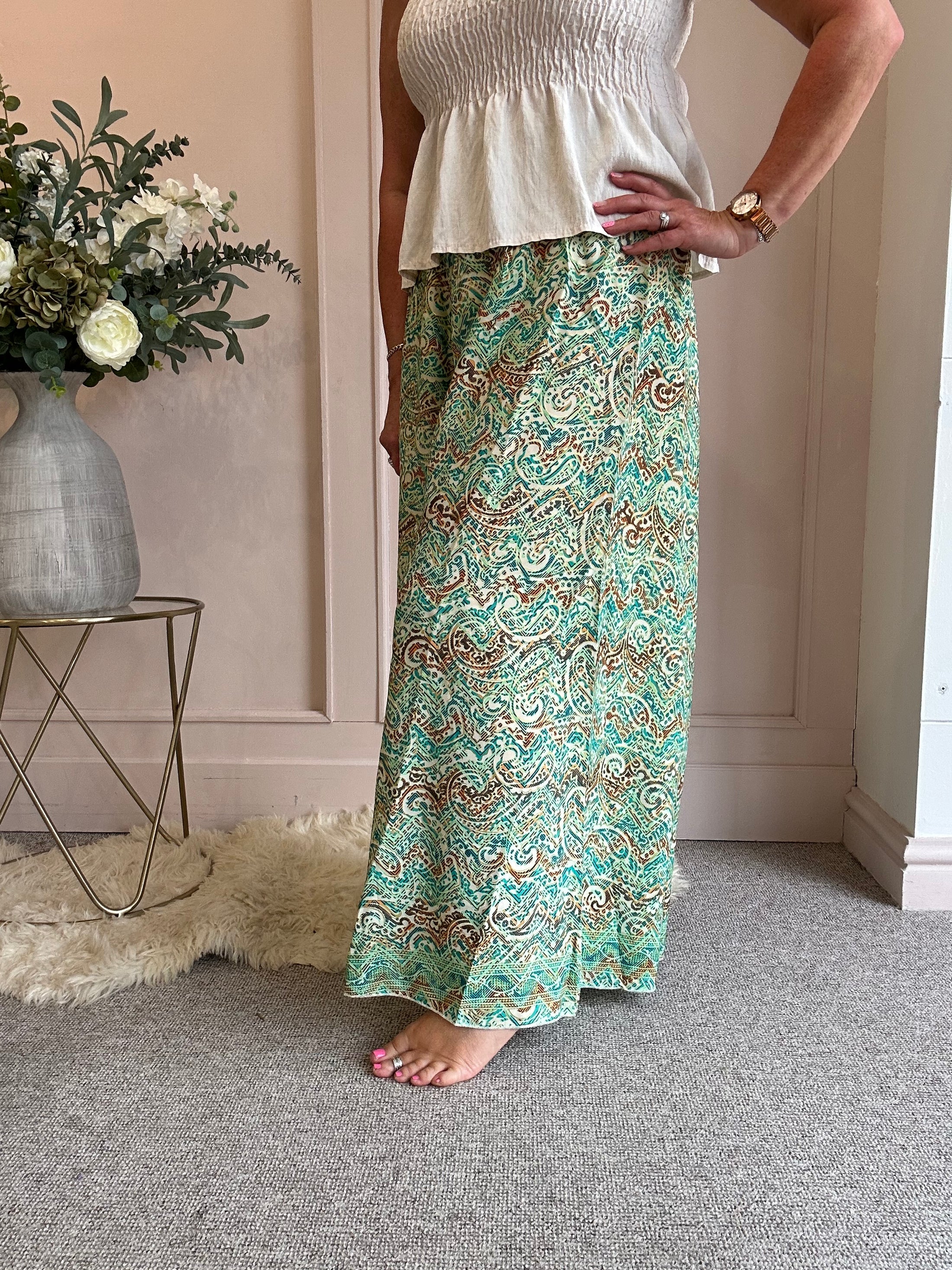 Paisley & Fleck Of Gold Wide Pant - Green - Wardrobe By Simone