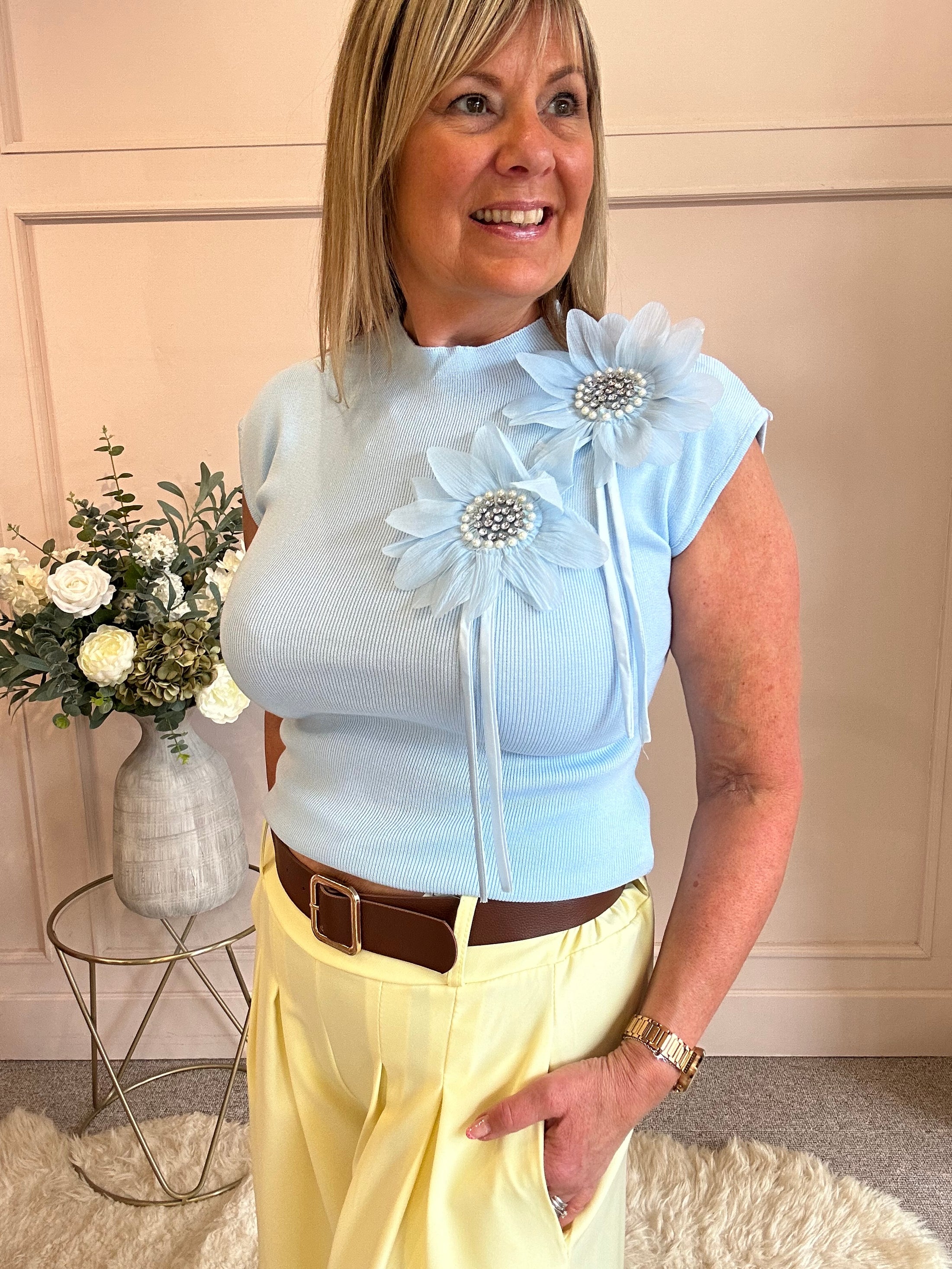Sleeveless Diamante Flower Knit Top - Blue