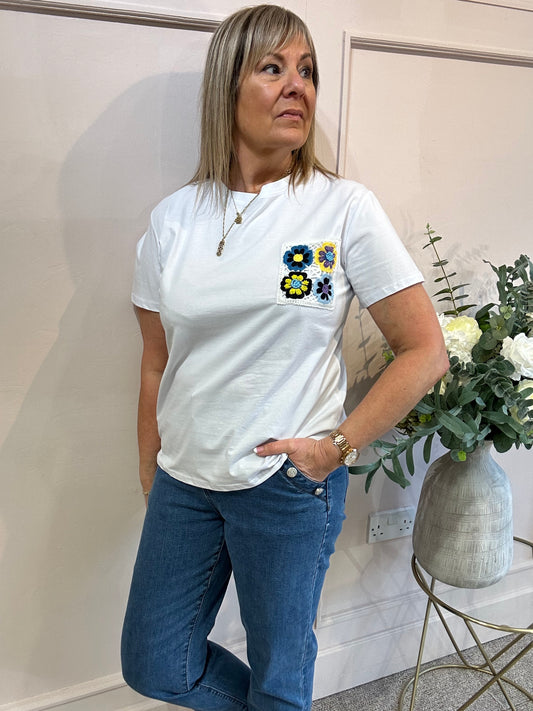 Crochet Pocket T-Shirt - White/Yellow - Wardrobe By Simone