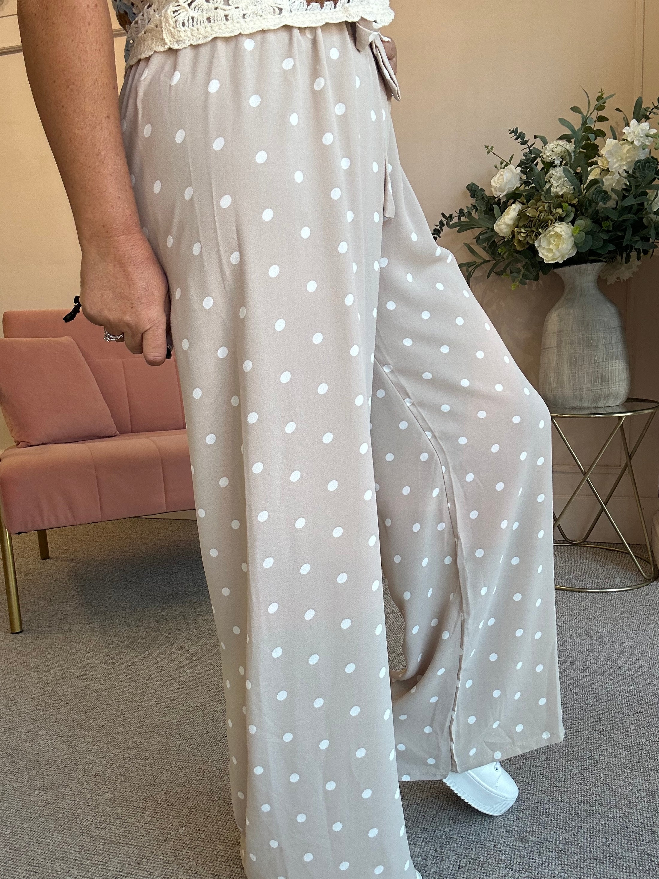 Polka Dot Tie Belt Pant - Beige/White - Wardrobe By Simone