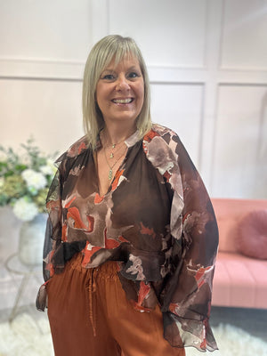 Floaty Frill Detail Top  - Brown/ Orange - Wardrobe By Simone