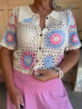 Load image into Gallery viewer, Crochet Collared Cardigan - Cream/Pink/Blue - Wardrobe By Simone
