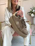 Load image into Gallery viewer, Gold Logo Embellished Trainer - Taupe - Wardrobe By Simone

