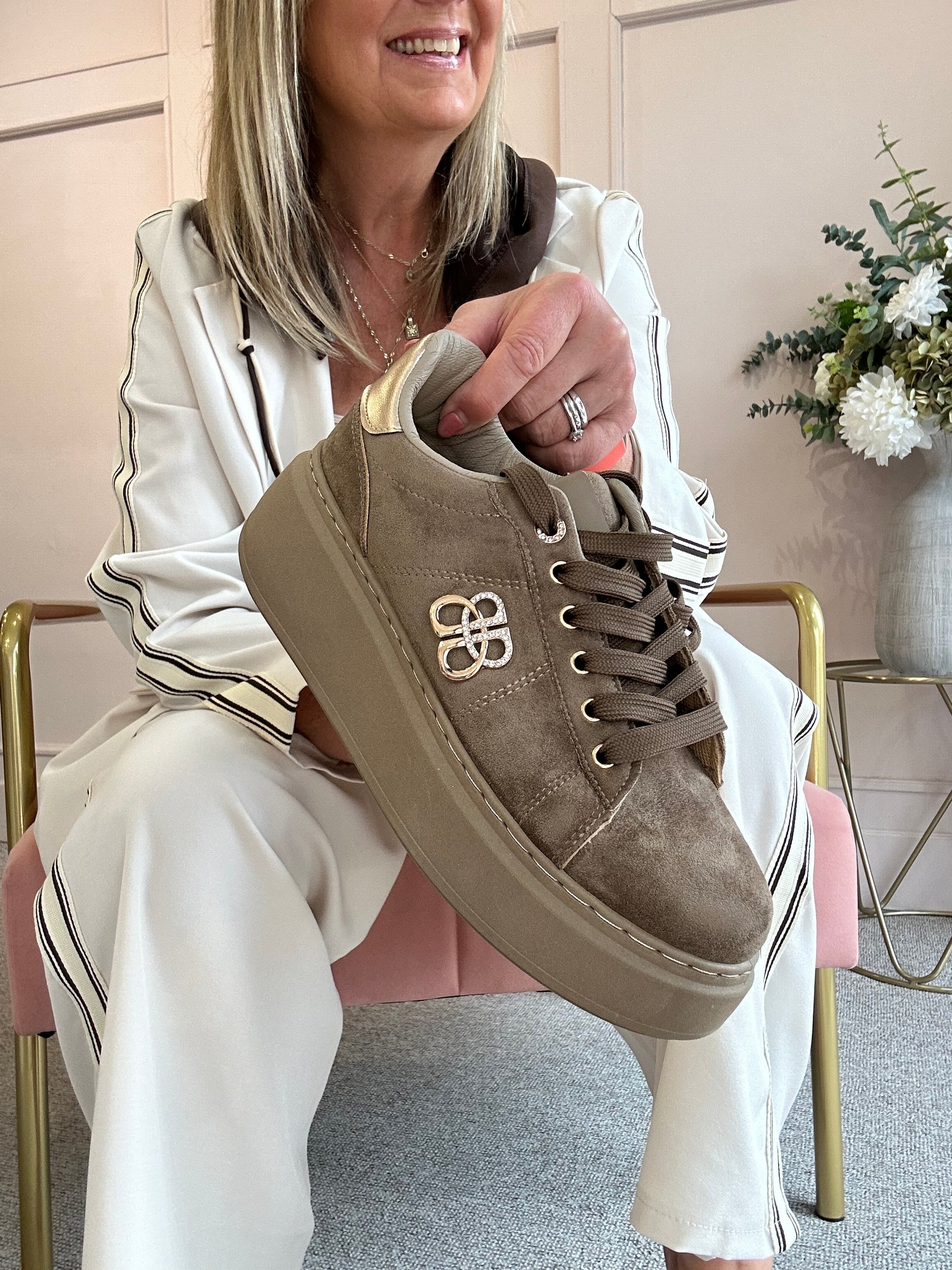 Gold Logo Embellished Trainer - Taupe - Wardrobe By Simone