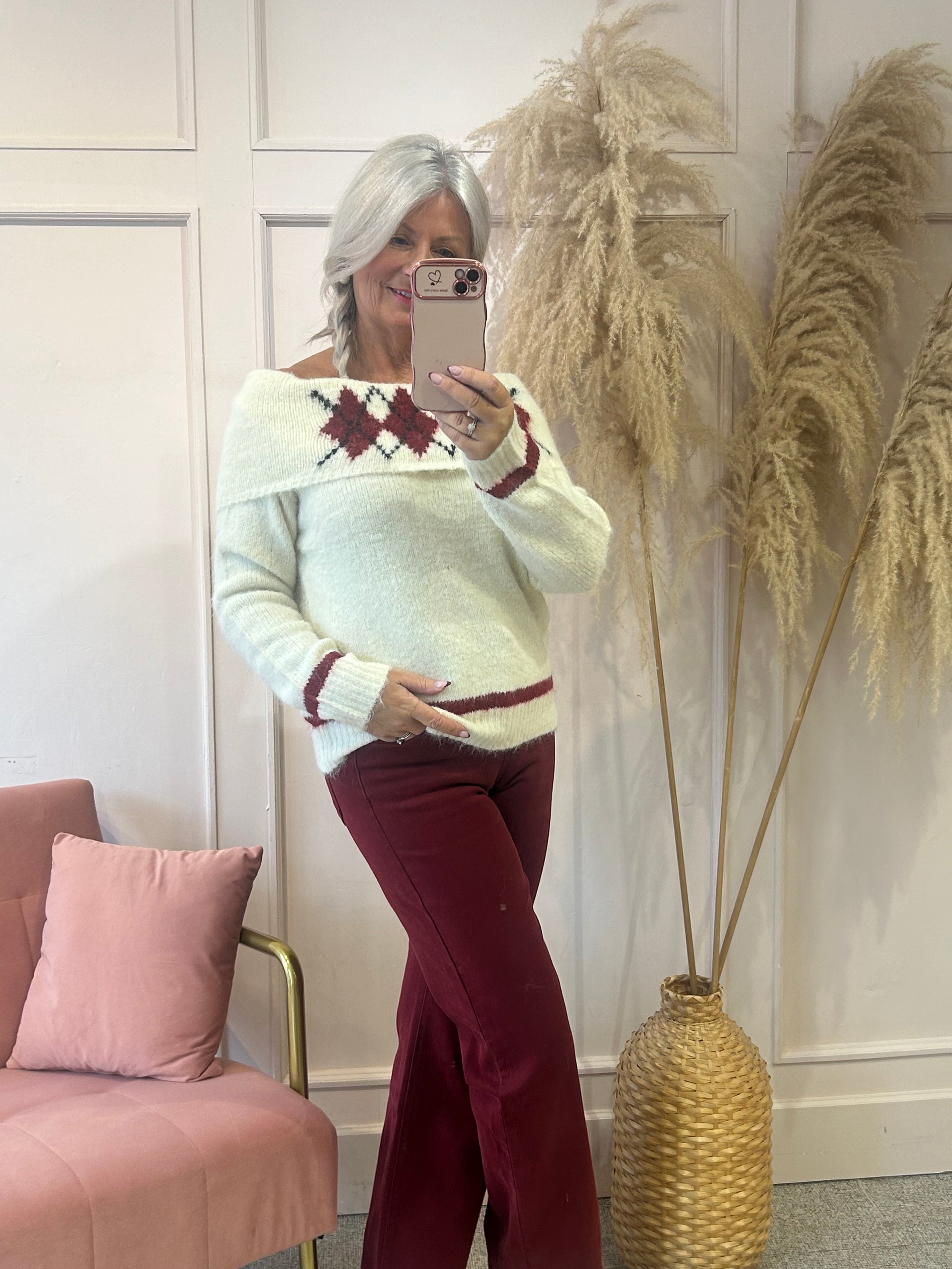 Off Shoulder Jumper - Cream/Burgundy