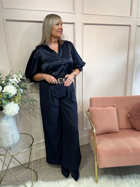 Satin Puff Sleeve Shirt - Navy - Wardrobe By Simone