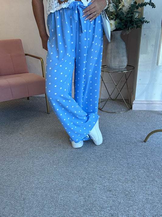 Polka Dot Tie Belt Pant - Cornflower Blue/White - Wardrobe By Simone