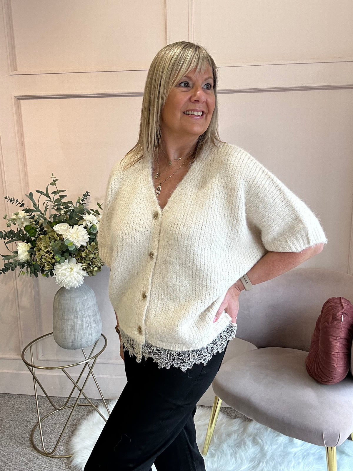 Lace Trim Cardigan - Soft Beige