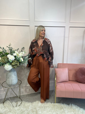 Floaty Frill Detail Top  - Brown/ Orange - Wardrobe By Simone