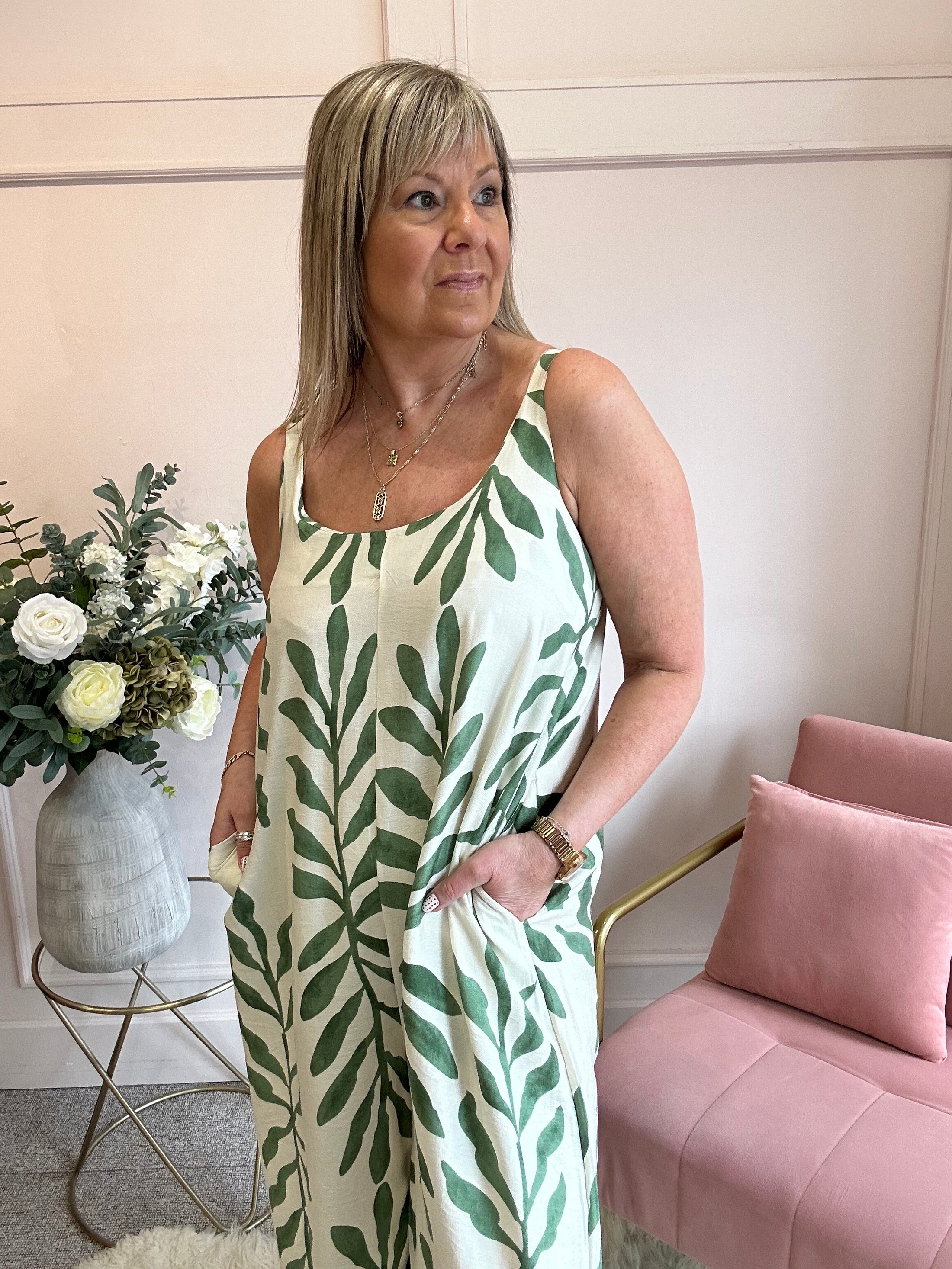 Botanical Dungarees - Cream/Green - Wardrobe By Simone