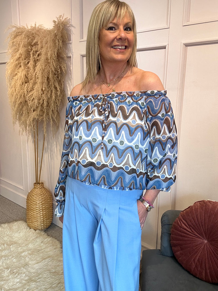 Ruffle Neck Swirl Print Blouse - Blue/Beige