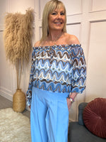 Ruffle Neck Swirl Print Blouse - Blue/Beige