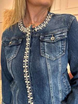 Pearl Embellished Denim Jacket - Dark Blue