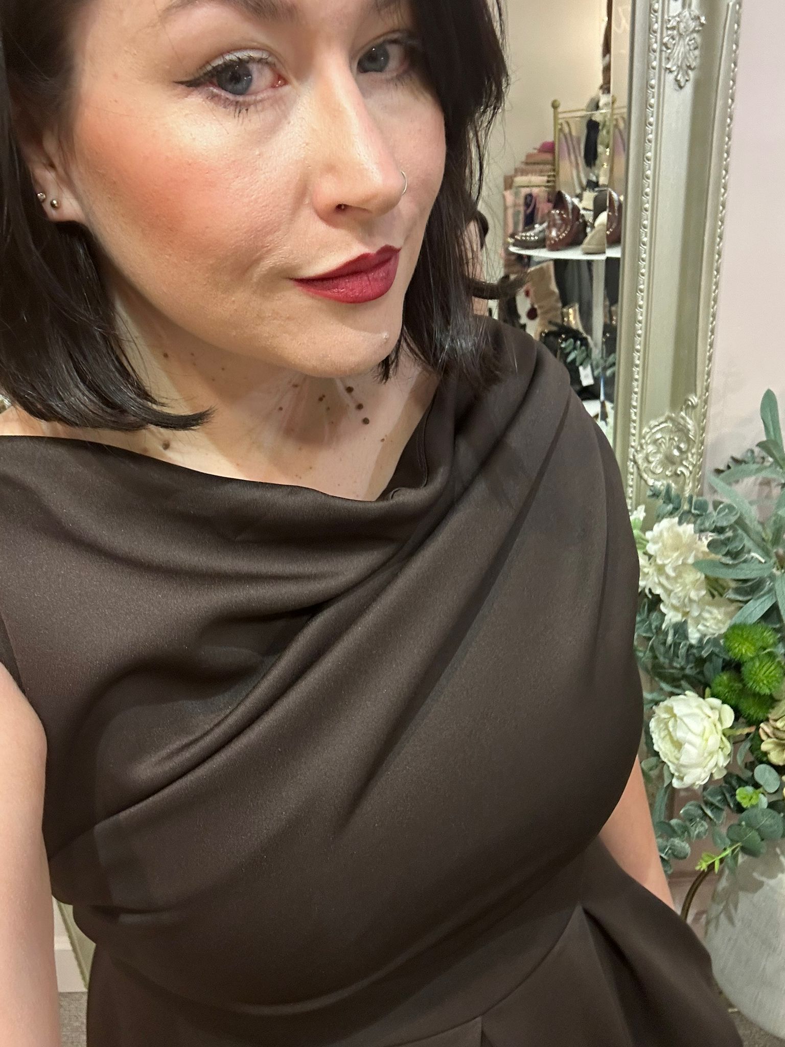 Asymmetric Neckline Skater Dress - Brown