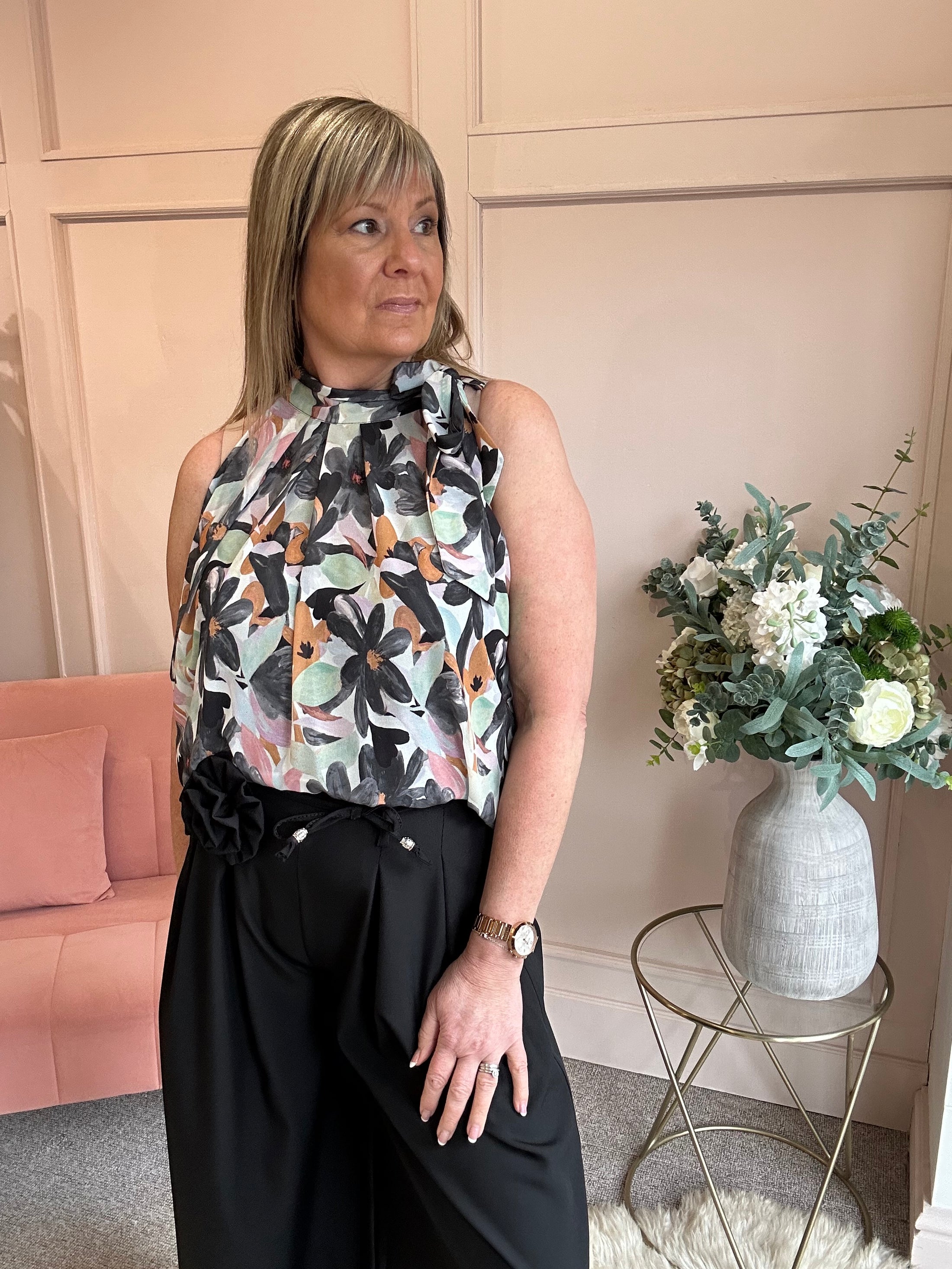 Floral Bow Tie Sleeveless Top - Green/Grey - Wardrobe By Simone