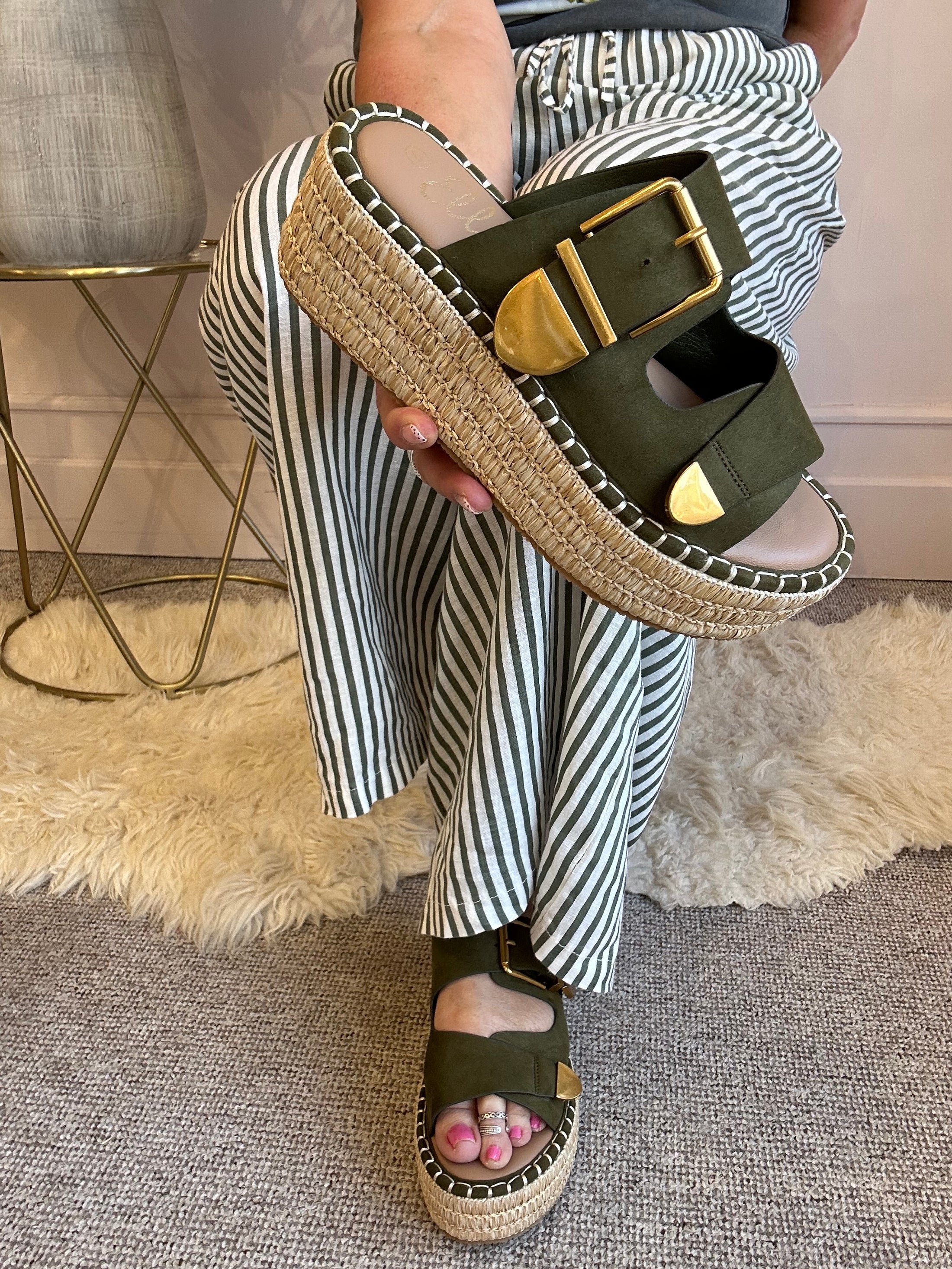 Ivy Buckle & Weave Slider Sandal - Olive - Wardrobe By Simone