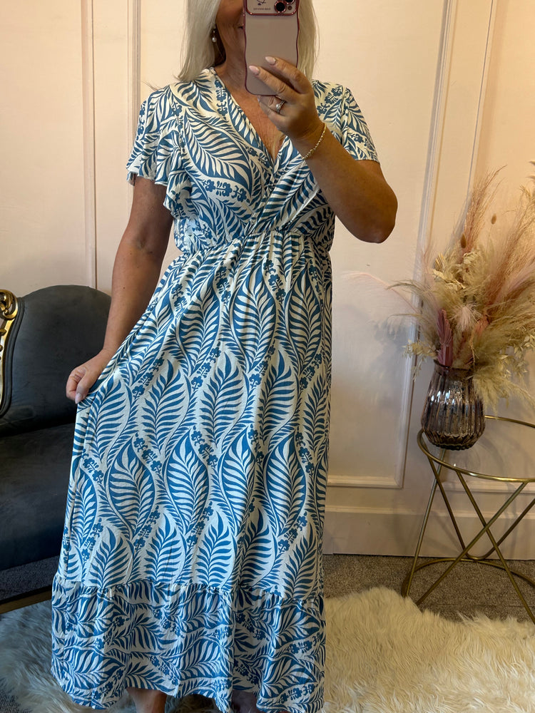 Summer Leaf Maxi Dress - Blue/White