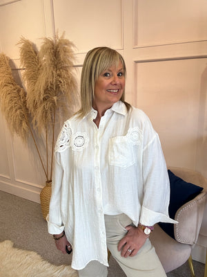 Embroidered Flower Detail Shirt  - Cream