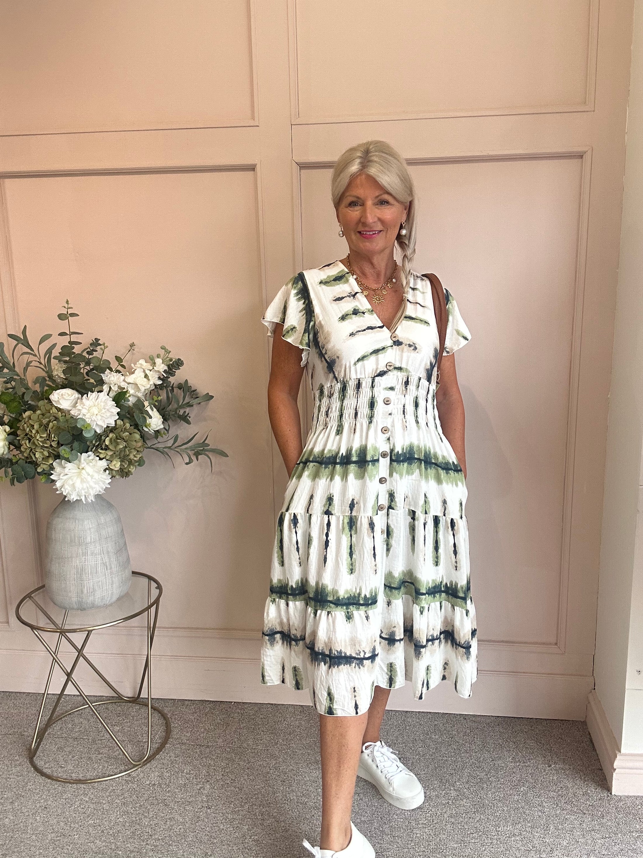 Button Detail Midi dress - Green/Cream - Wardrobe By Simone