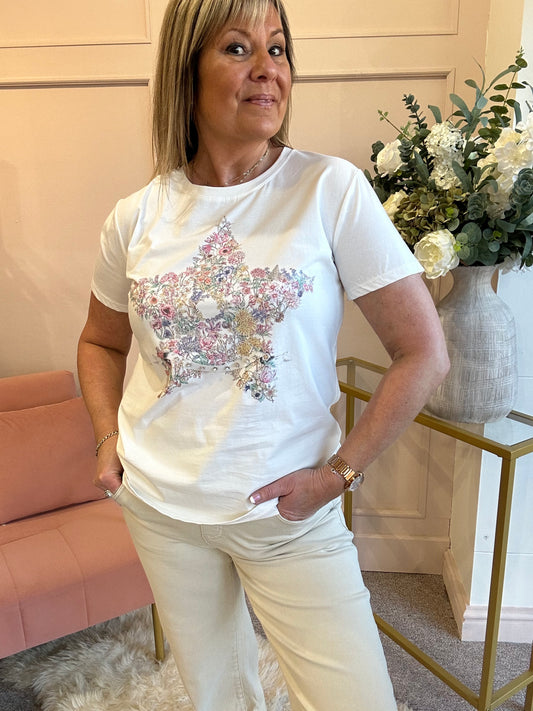 Itsy Bitsy Floral Star T-Shirt - White - Wardrobe By Simone