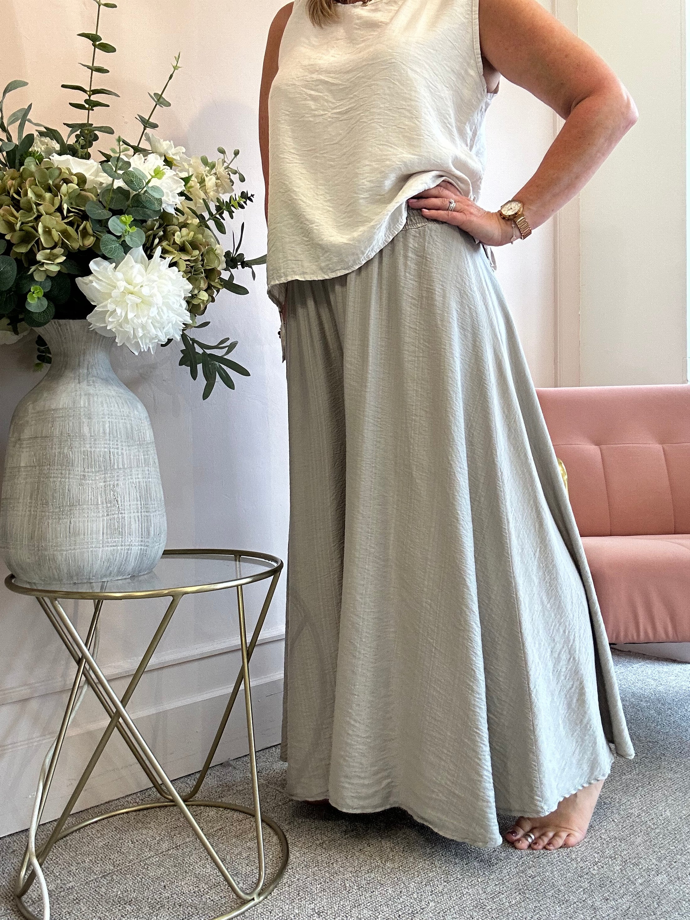 Deep Elasticated Waist Wide Pant - Stone
