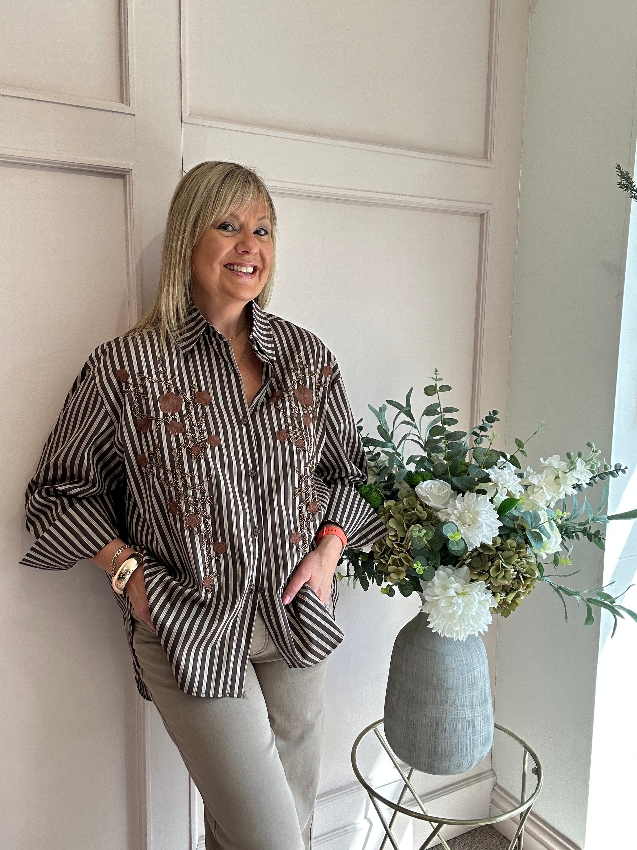 Beads Flowers &  Stripes Shirt - Browns
