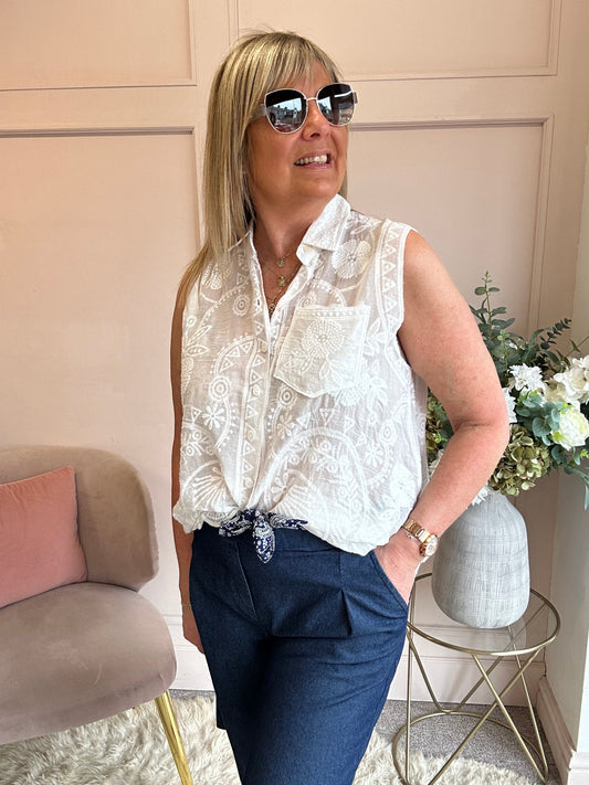 Embroidered Sleeveless Top  - White - Wardrobe By Simone