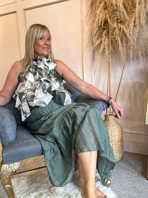 Ruffle sleeveless blouse - Green/cream - Wardrobe By Simone