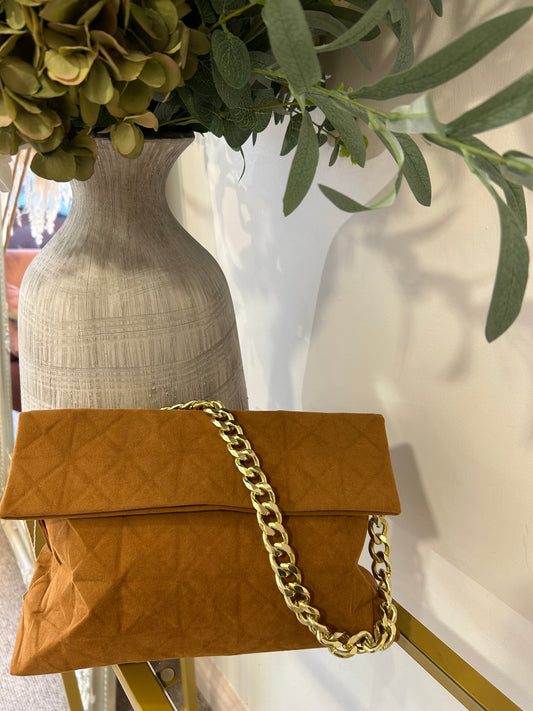 Clutch With Gold Chain - Tan
