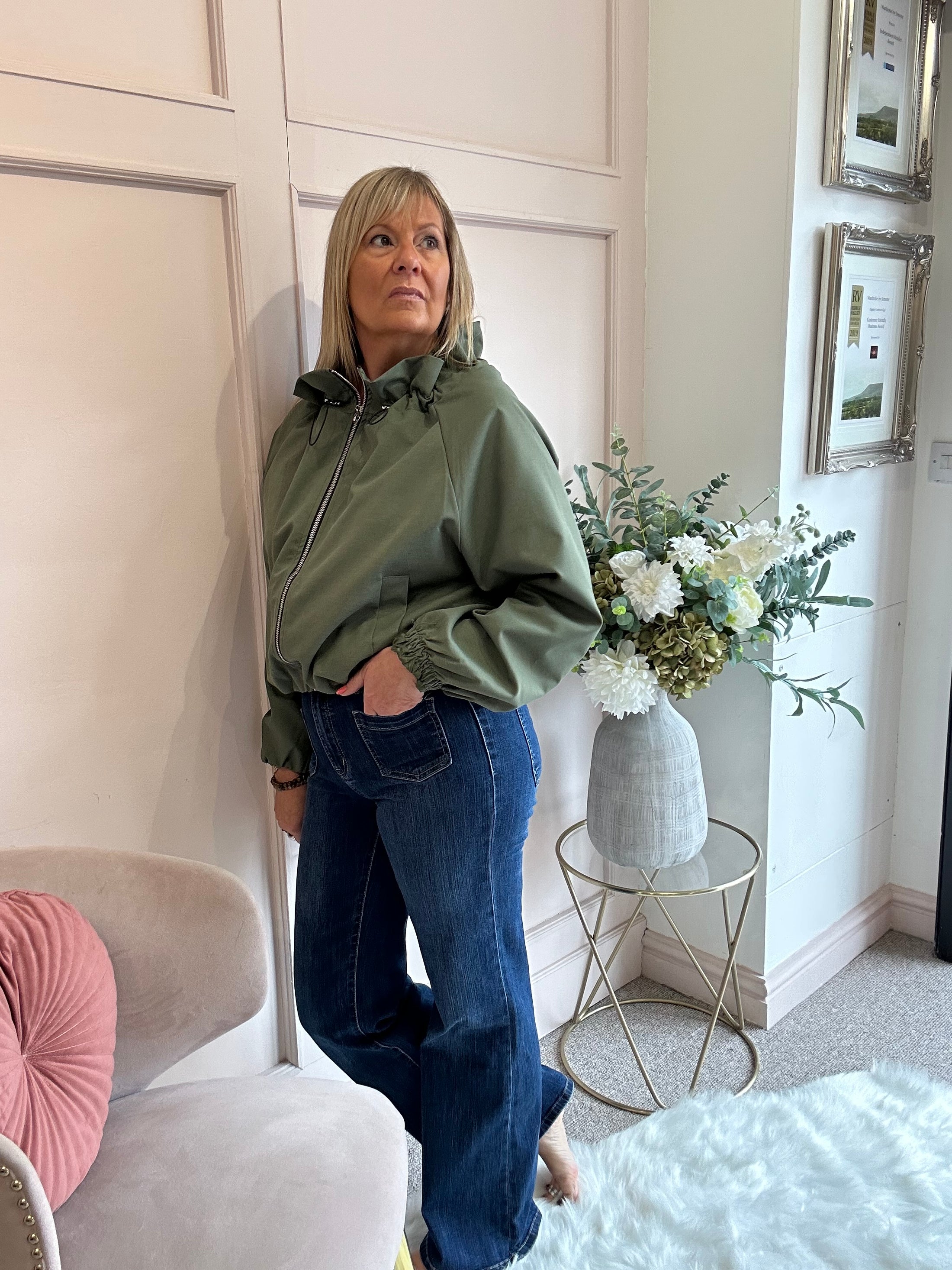 Ruffle Collar Zip Jacket - Khaki Green