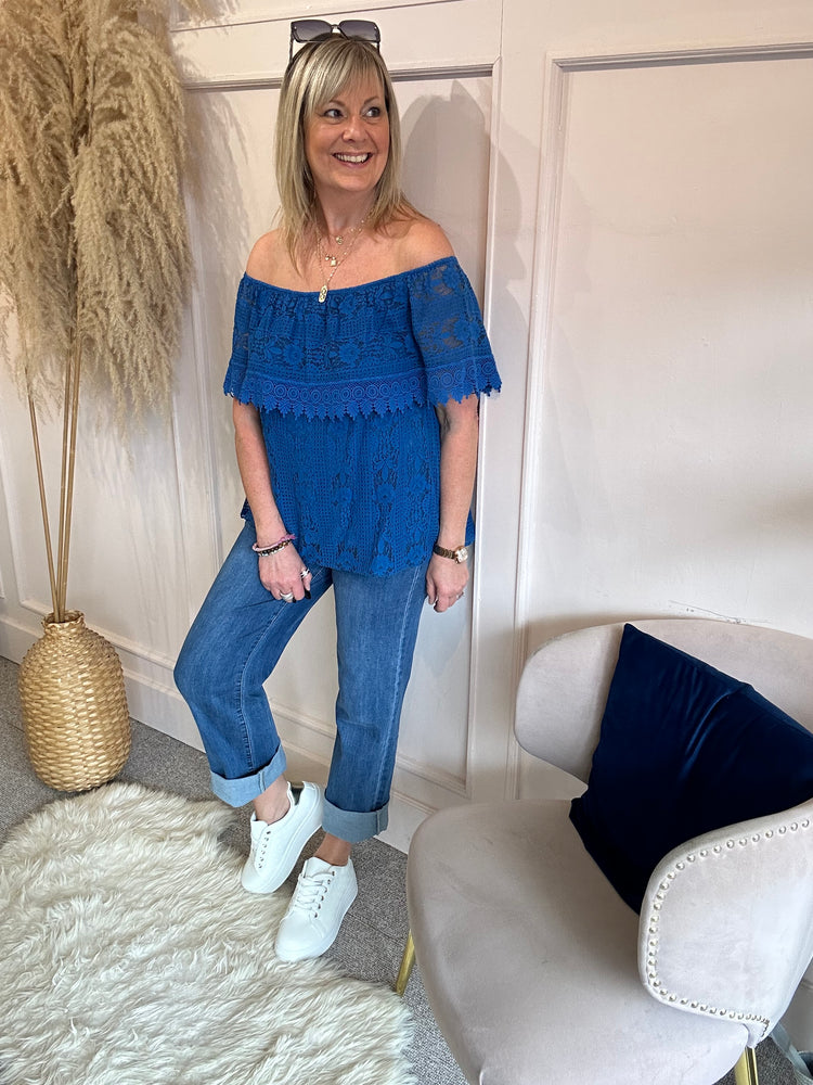 Bardot Lace Effect Top  - Electric Blue