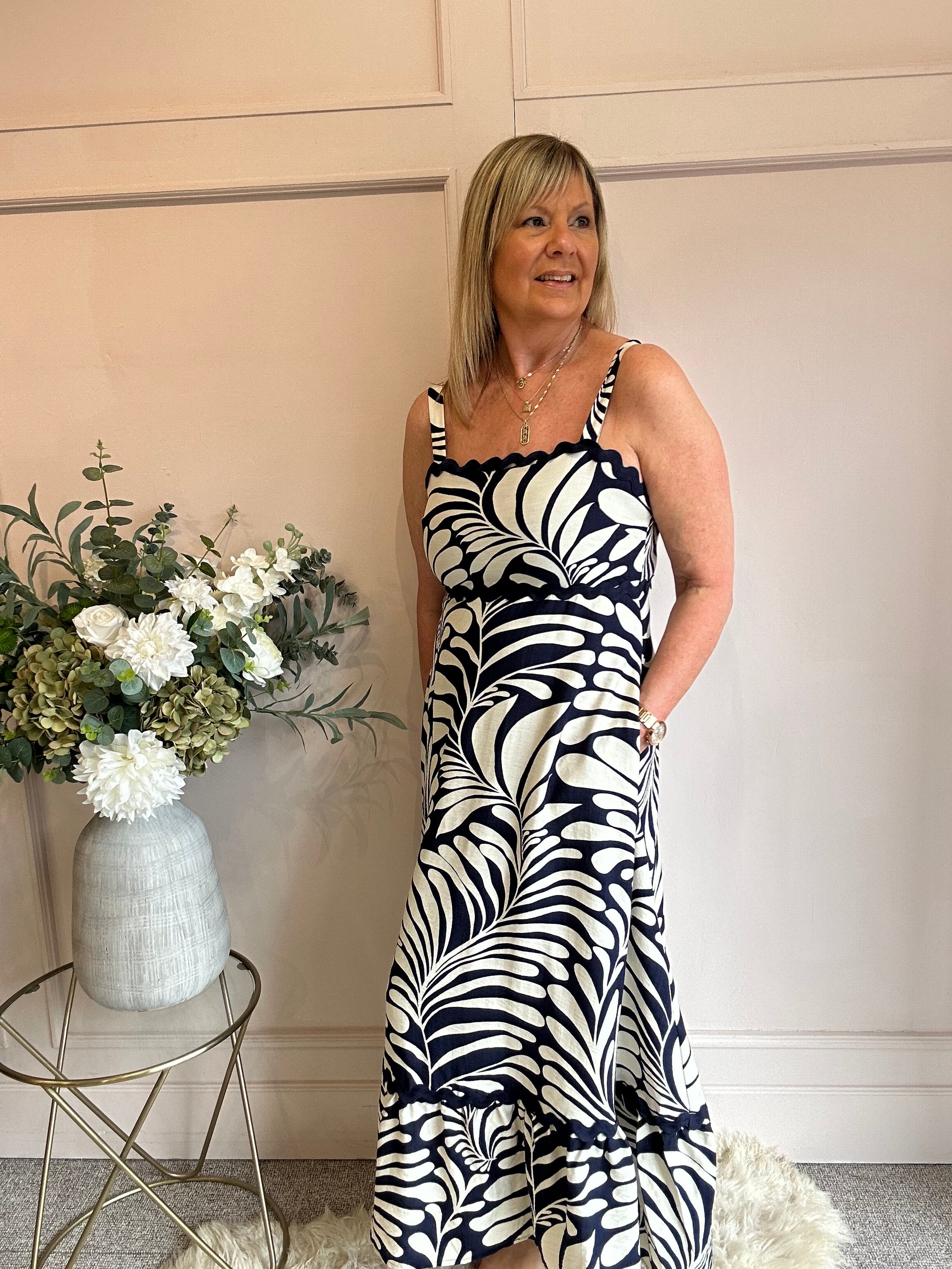 Scalloped Detail Maxi SunDress - Navy/Beige - Wardrobe By Simone