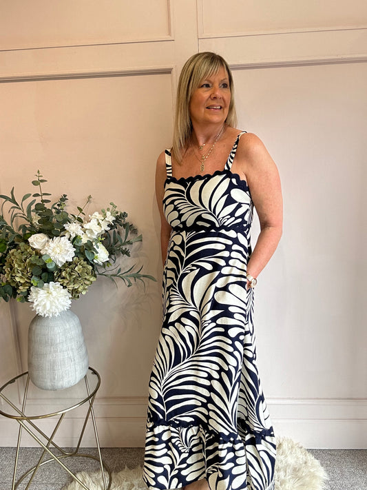 Scalloped Detail Maxi SunDress - Navy/Beige - Wardrobe By Simone