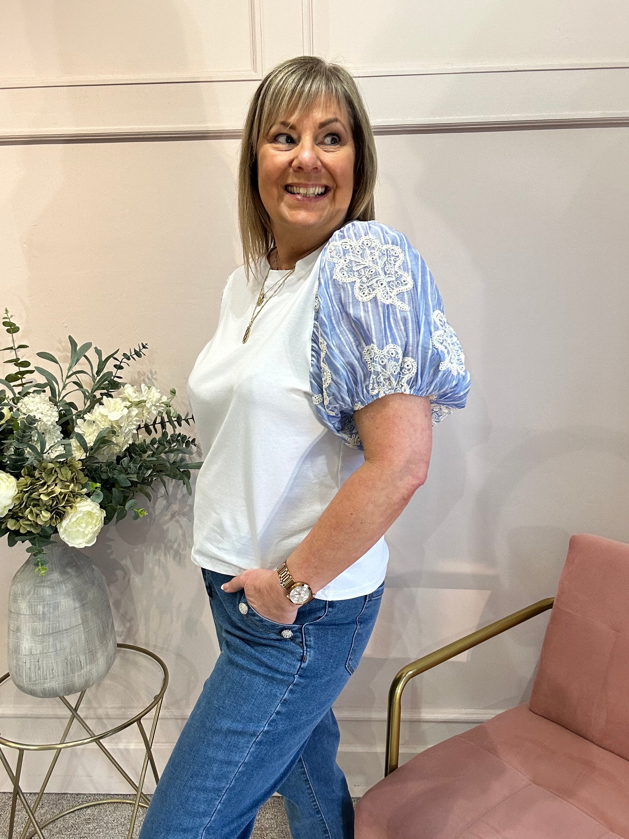Striped Puff Sleeve T-Shirt - White - Wardrobe By Simone