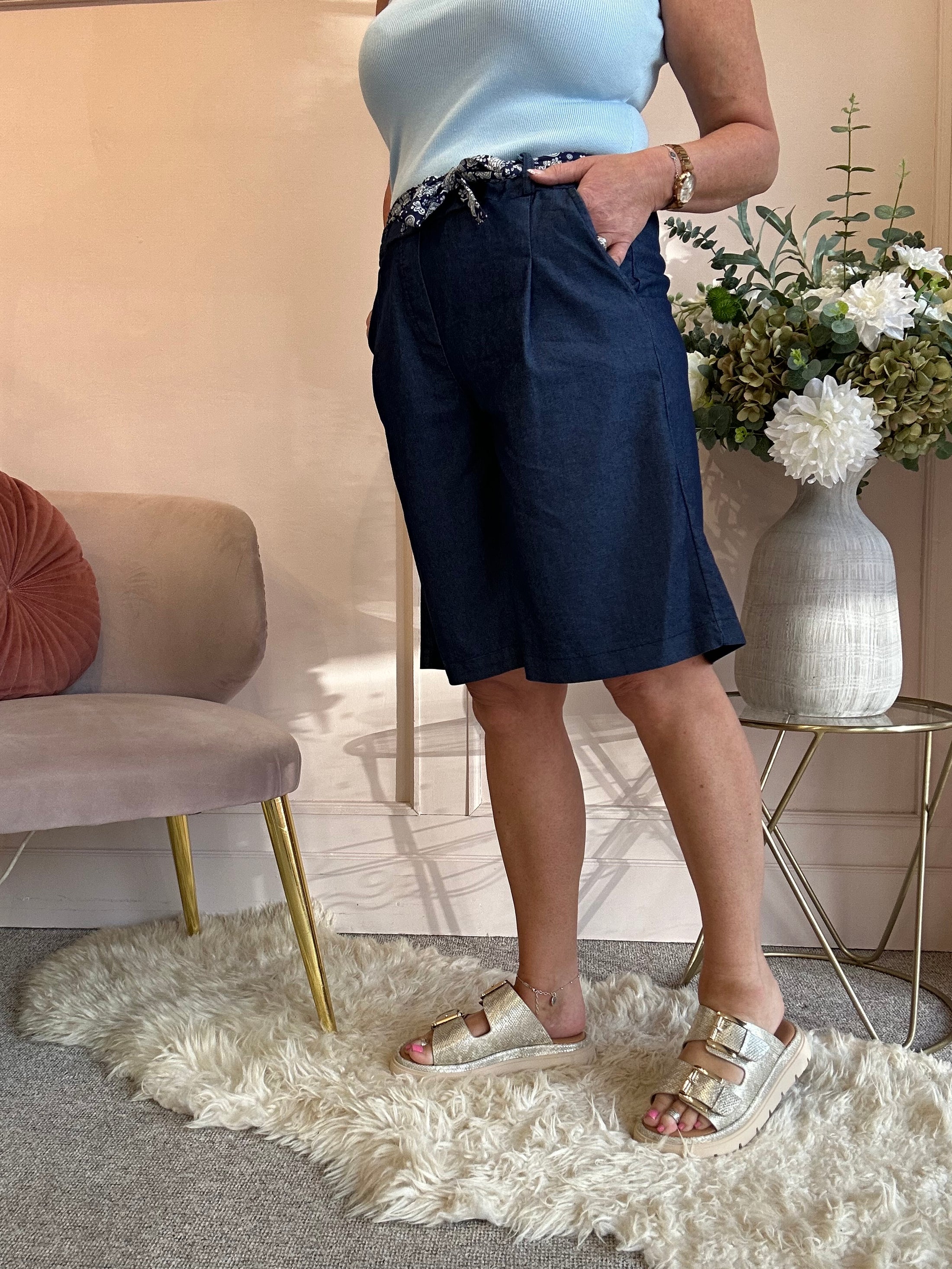 Tie Belted Shorts - Dark Blue - Wardrobe By Simone