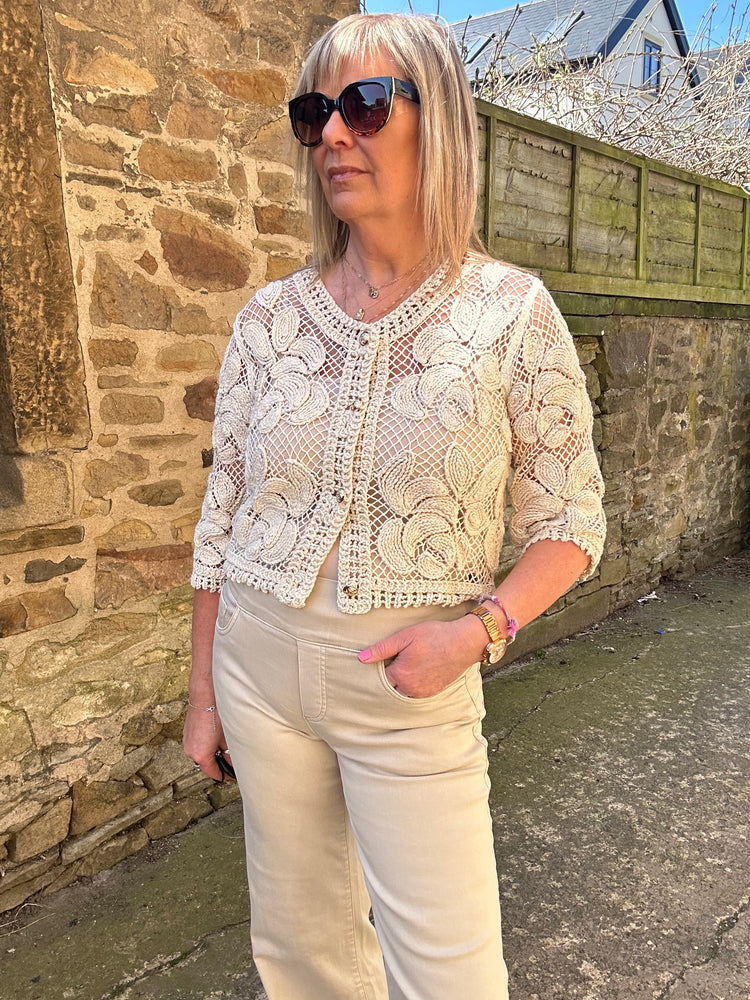 Crochet Gold Button Cardi - Beige