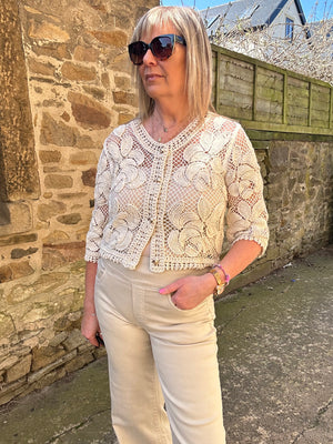 Crochet Gold Button Cardi - Beige