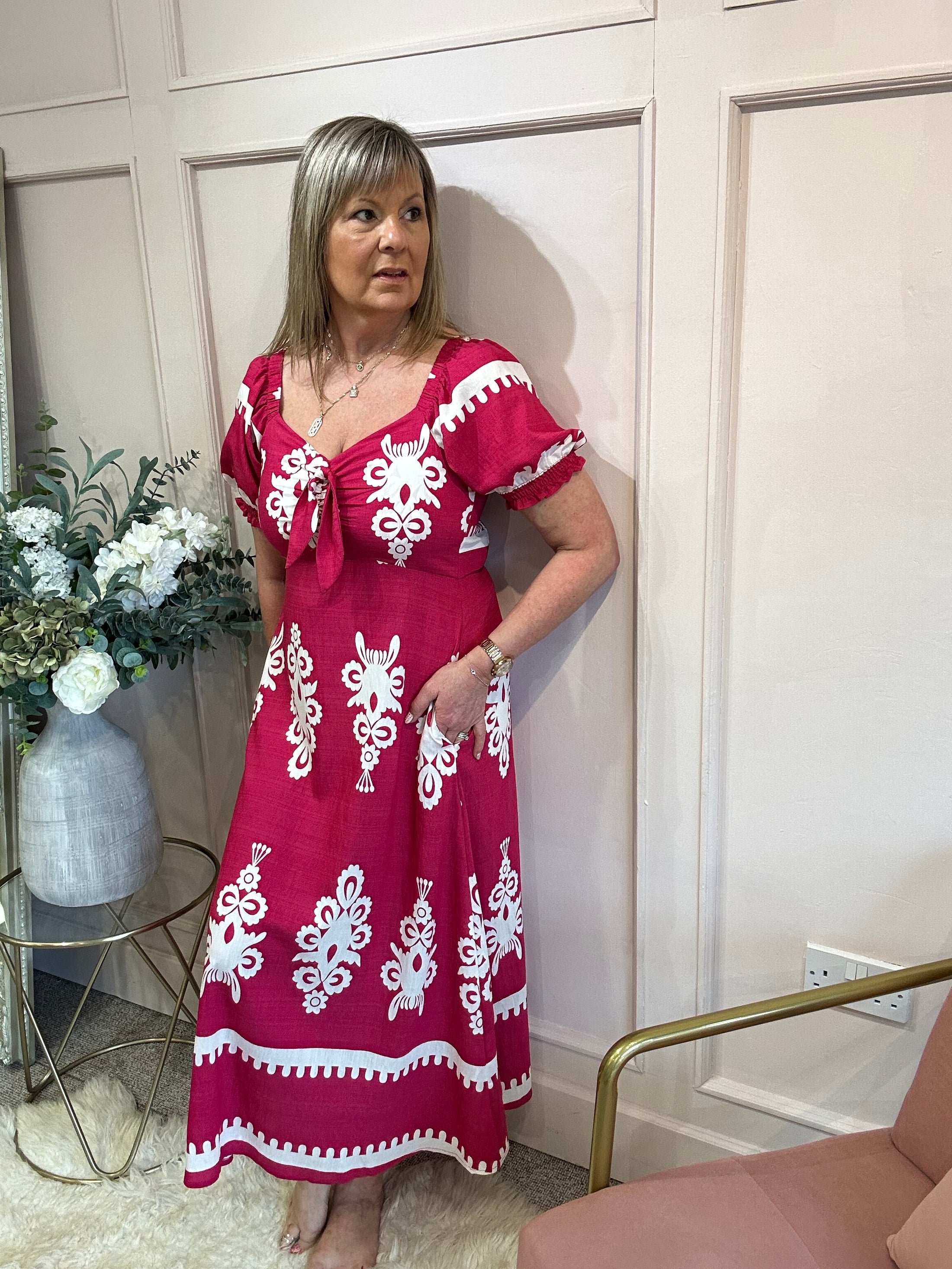 Damask Midi Dress - Cerise Pink/White - Wardrobe By Simone