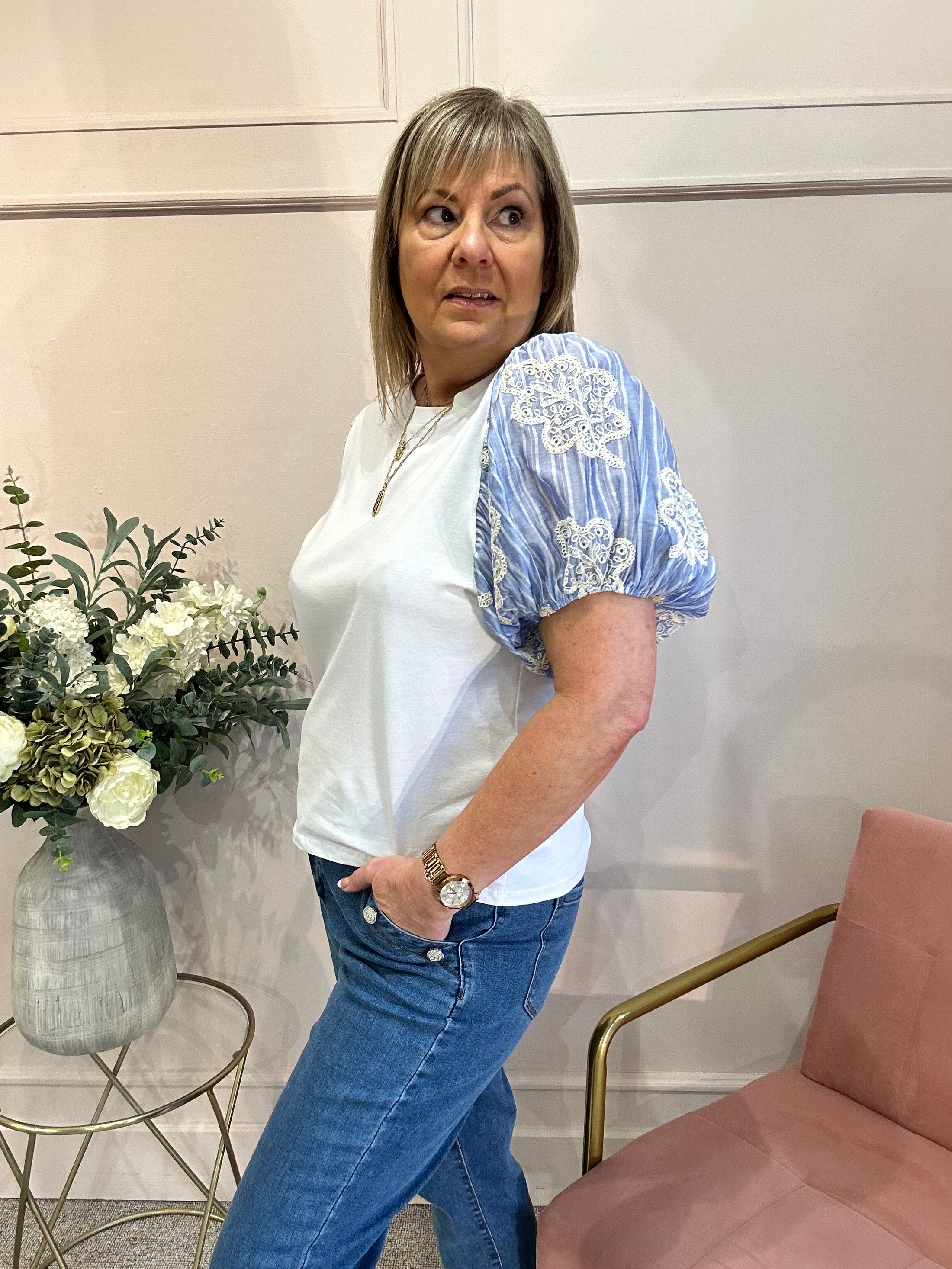 Striped Puff Sleeve T-Shirt - White - Wardrobe By Simone