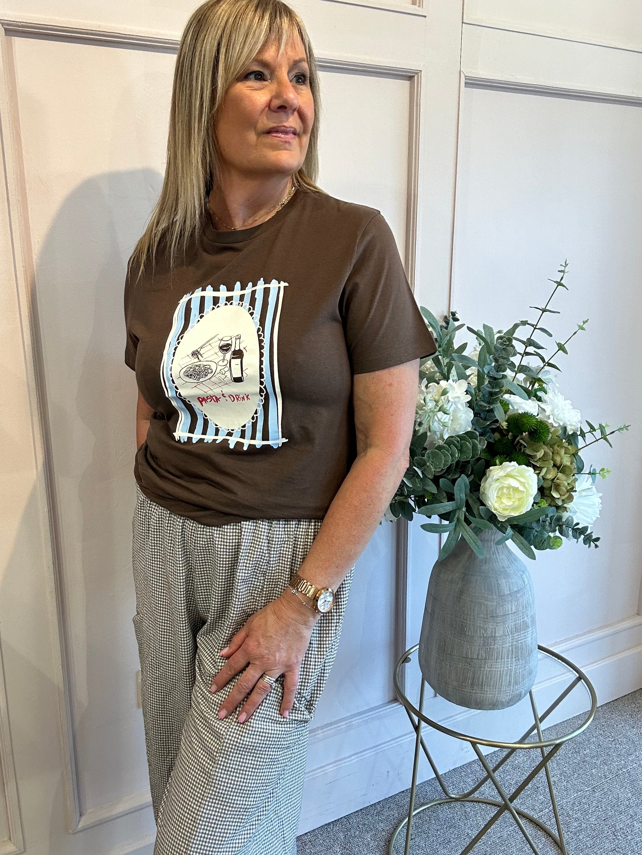 Pasta & Drinks T Shirt  - Brown