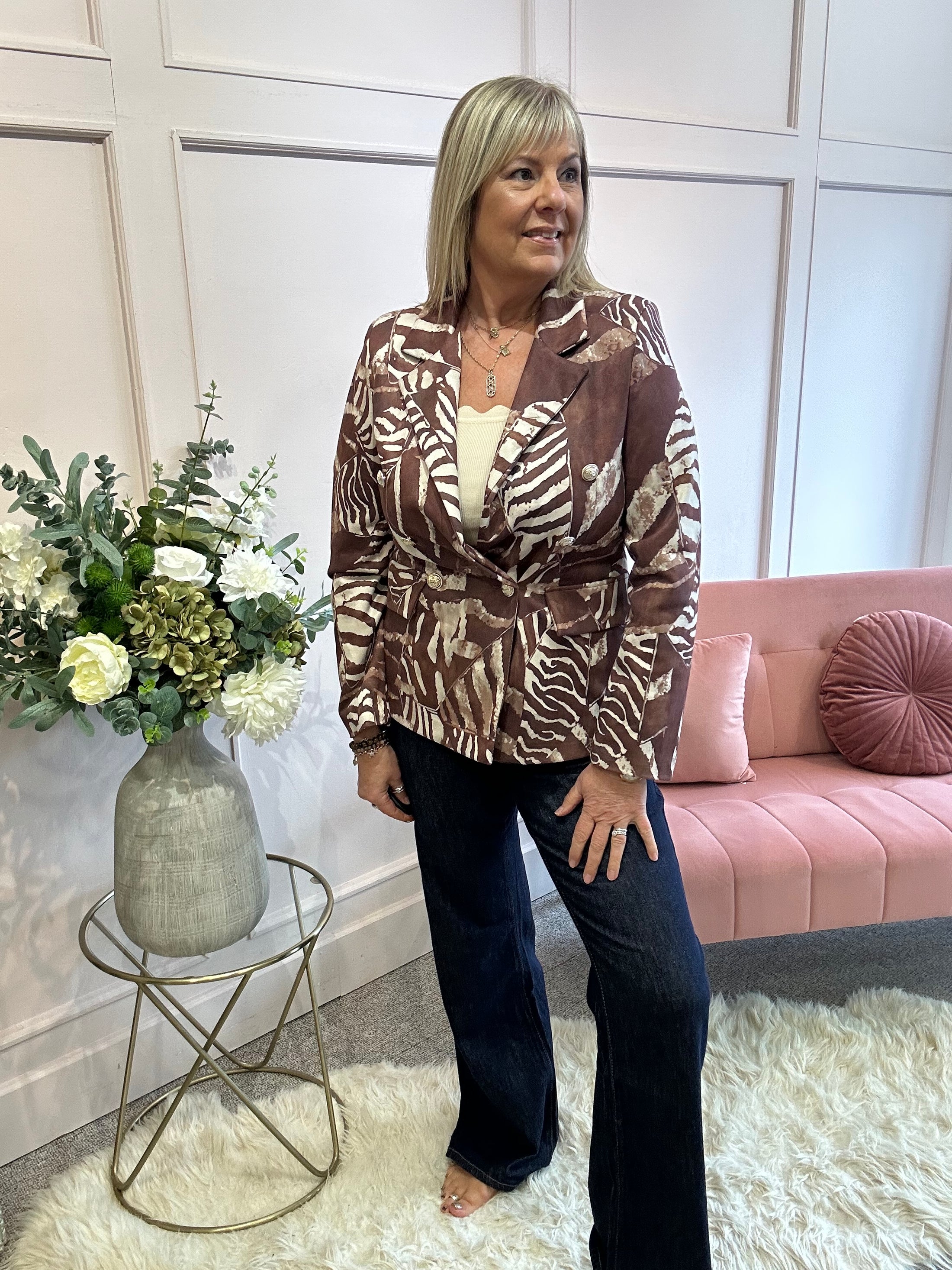 Leafy Double Breasted Jacket - Brown/Cream