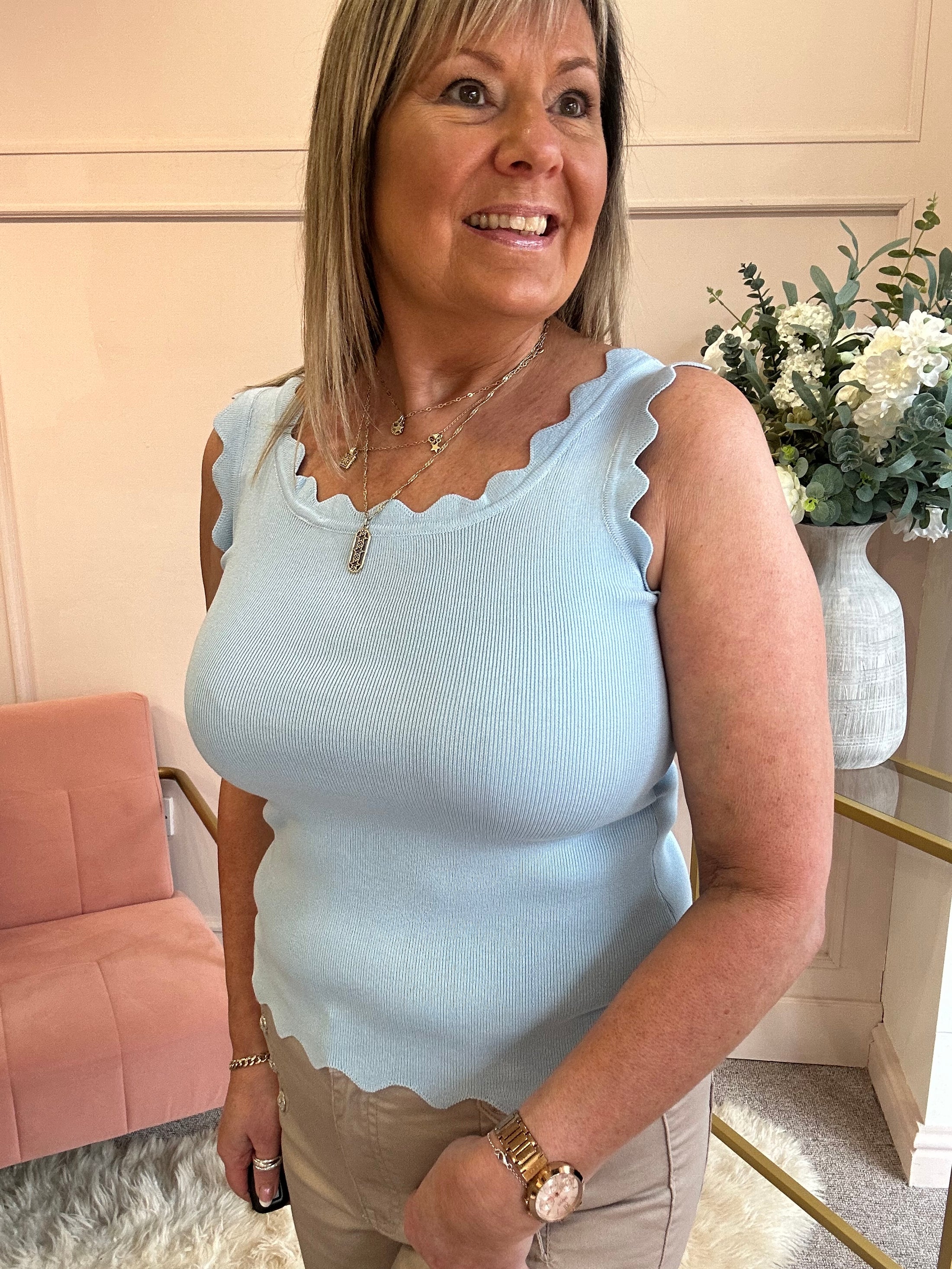 Scalloped Edged Vest Top - Soft Blue - Wardrobe By Simone