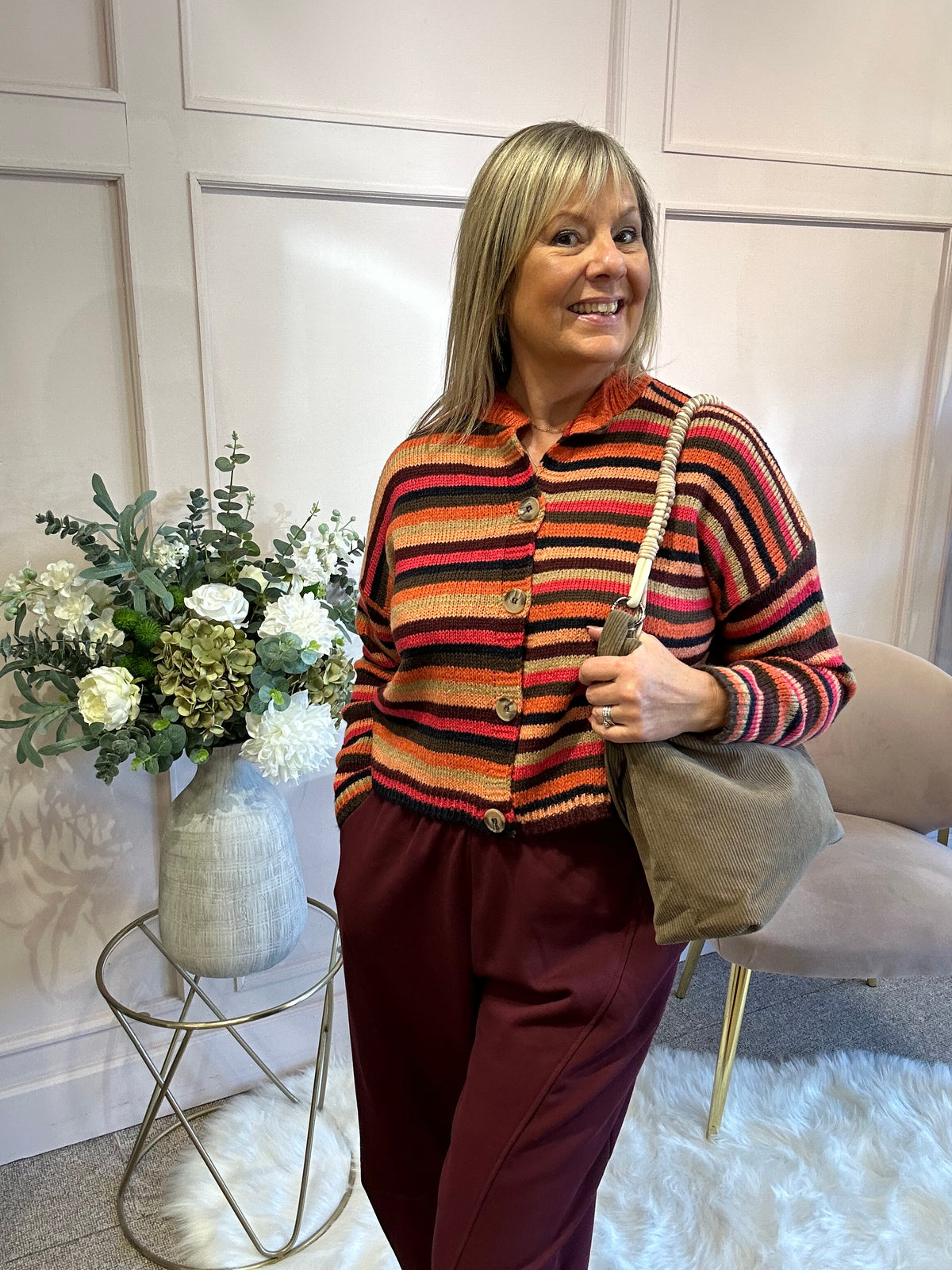 Striped Knit Cardigan - Burnt Orange/Brown