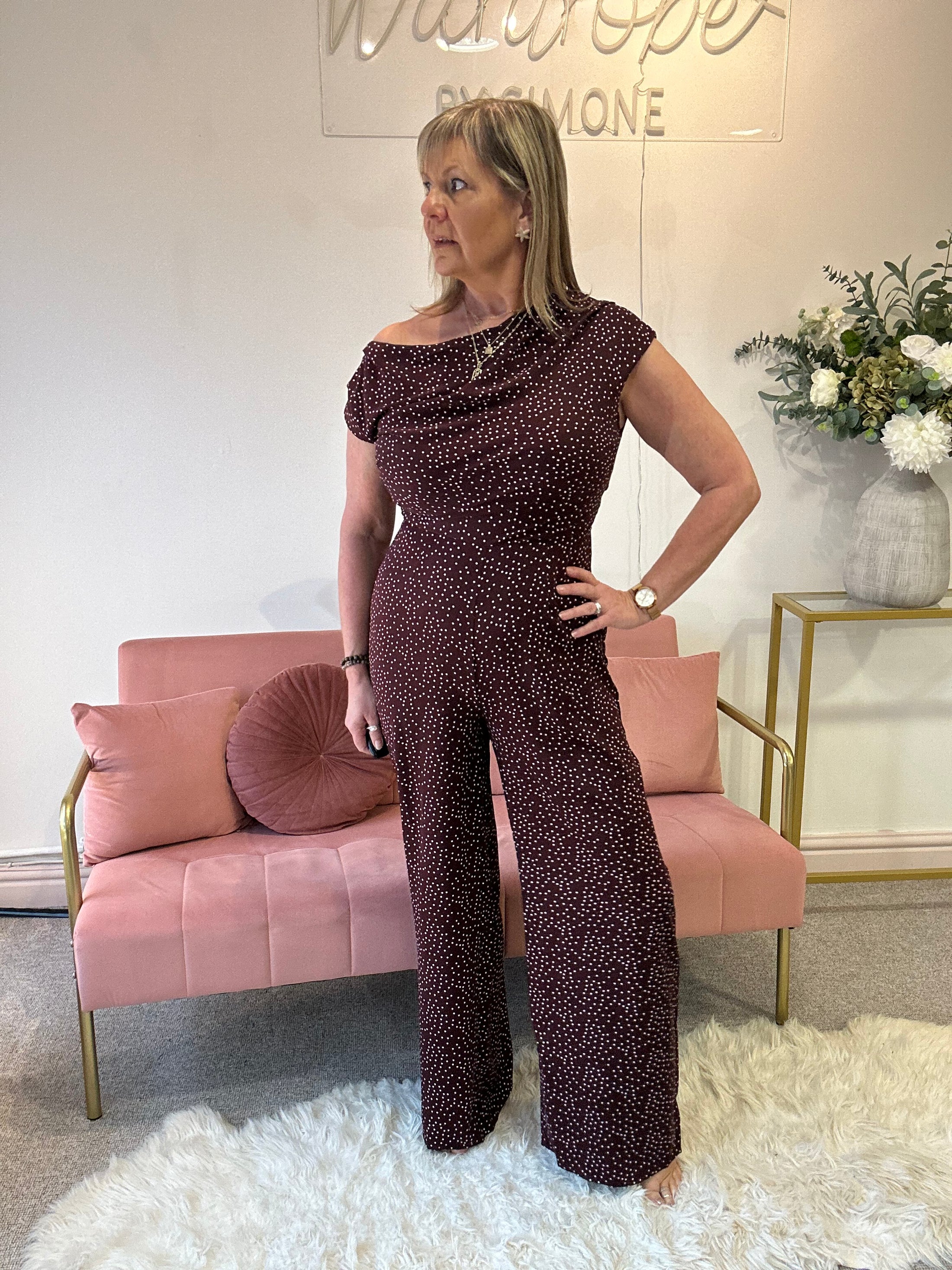 Asymmetric Neckline Jumpsuit - Brown/Cream