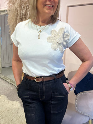 Cream Crochet Flower On T Shirt - White - Wardrobe By Simone